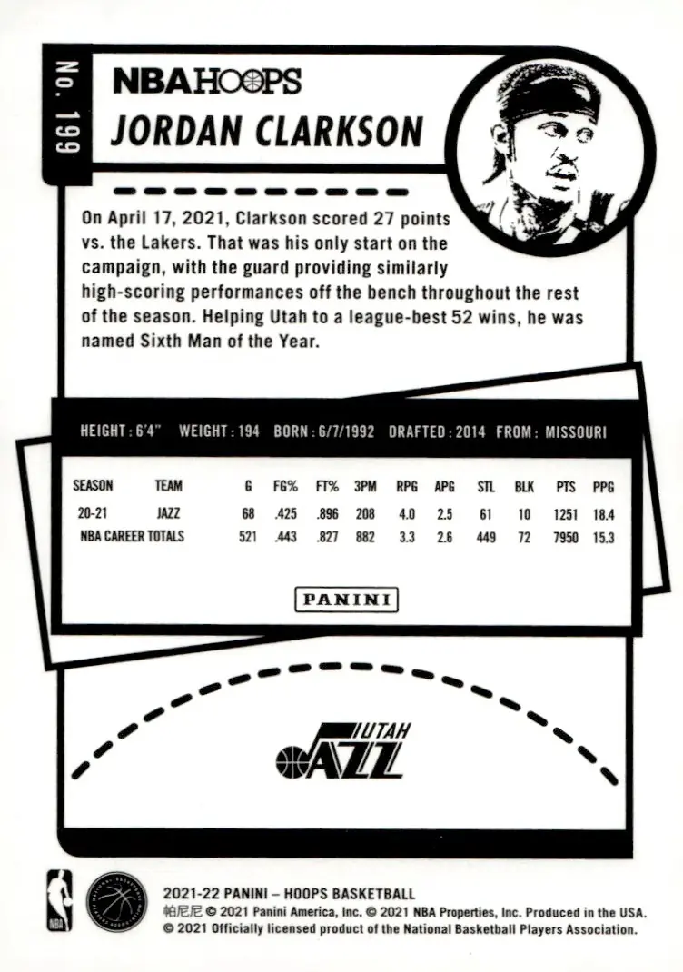 2021-22 NBA Hoops #199 Jordan Clarkson (back)