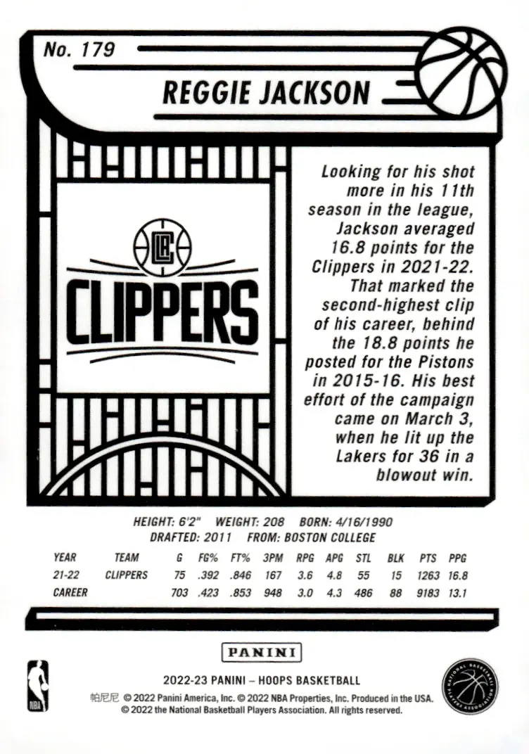 2022-23 NBA Hoops #179 Reggie Jackson (back)