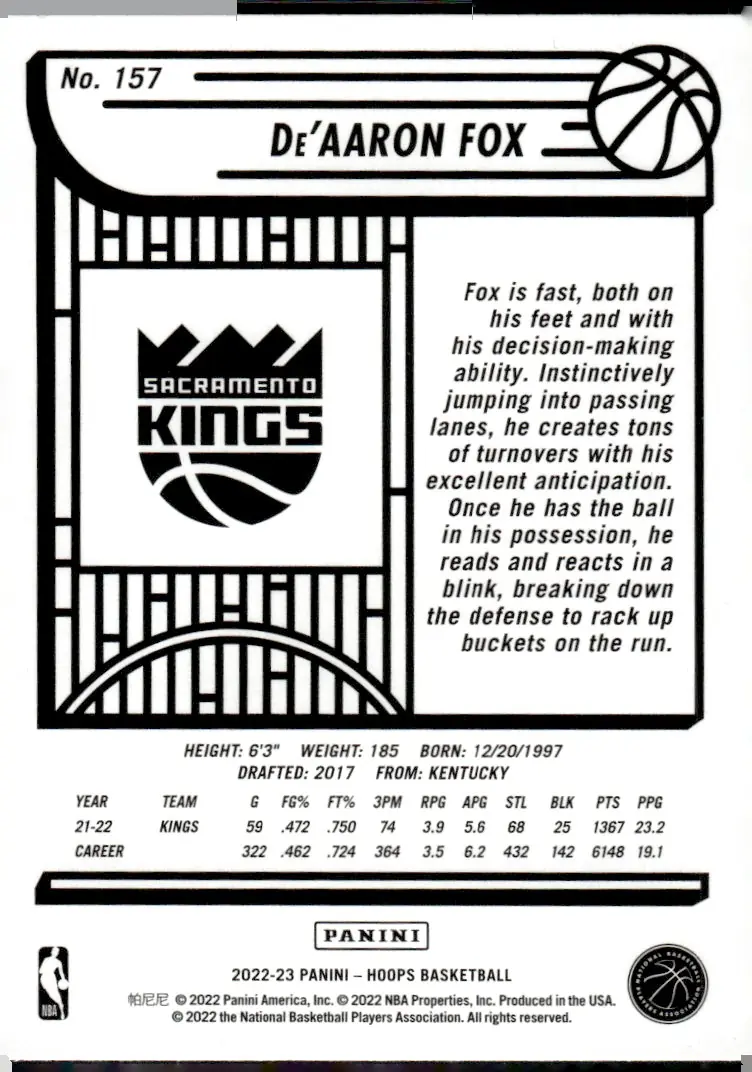 2022-23 NBA Hoops #157 De'Aaron Fox (back)