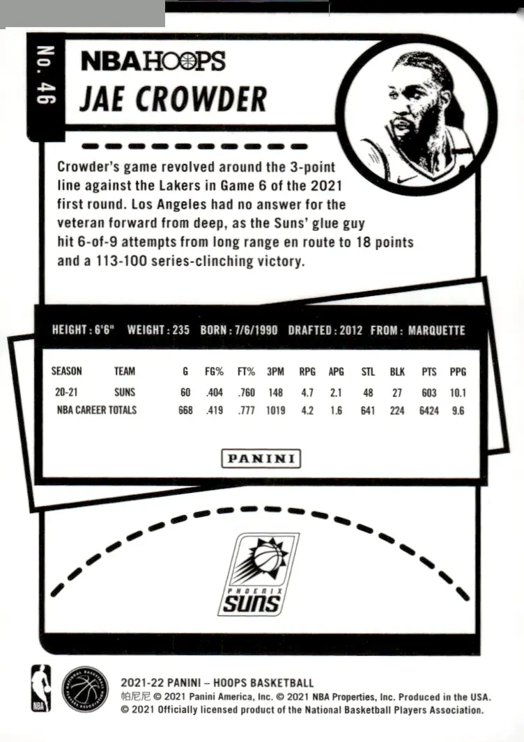 2021-22 NBA Hoops #46 Jae Crowder (back)