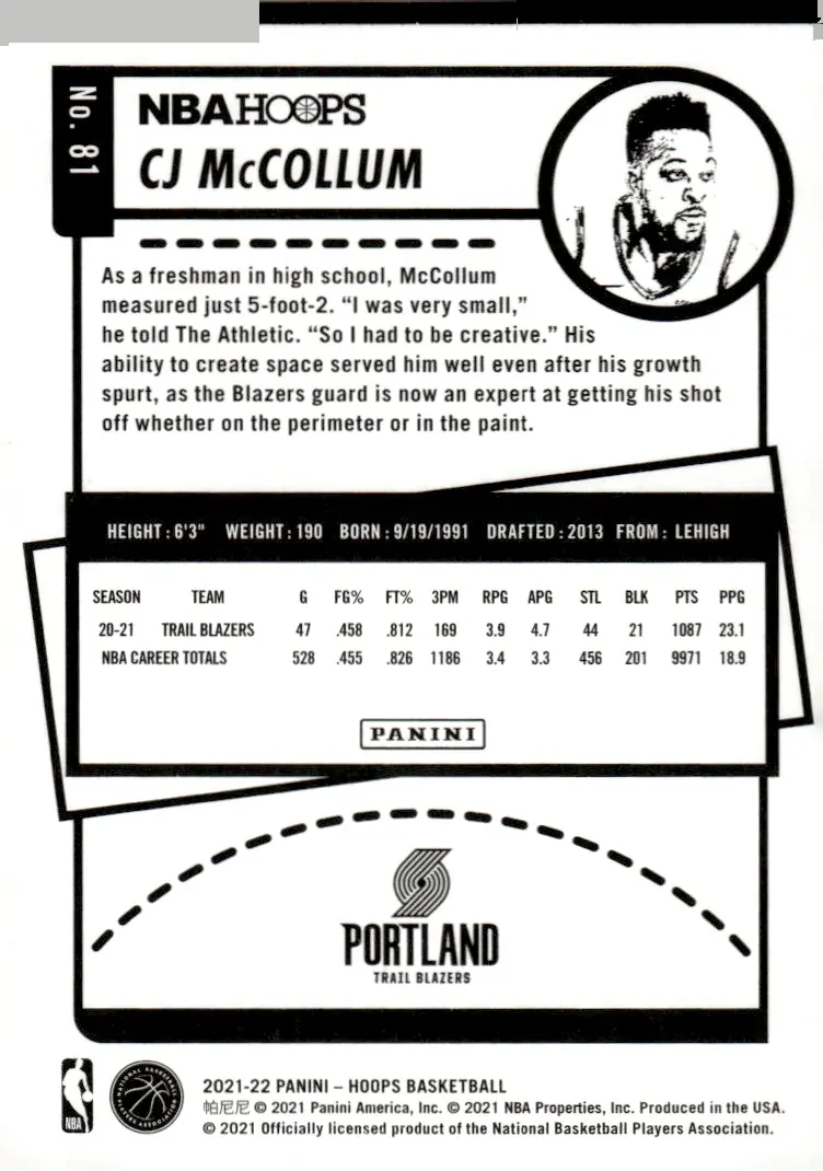 2021-22 NBA Hoops #81 CJ McCollum (back)