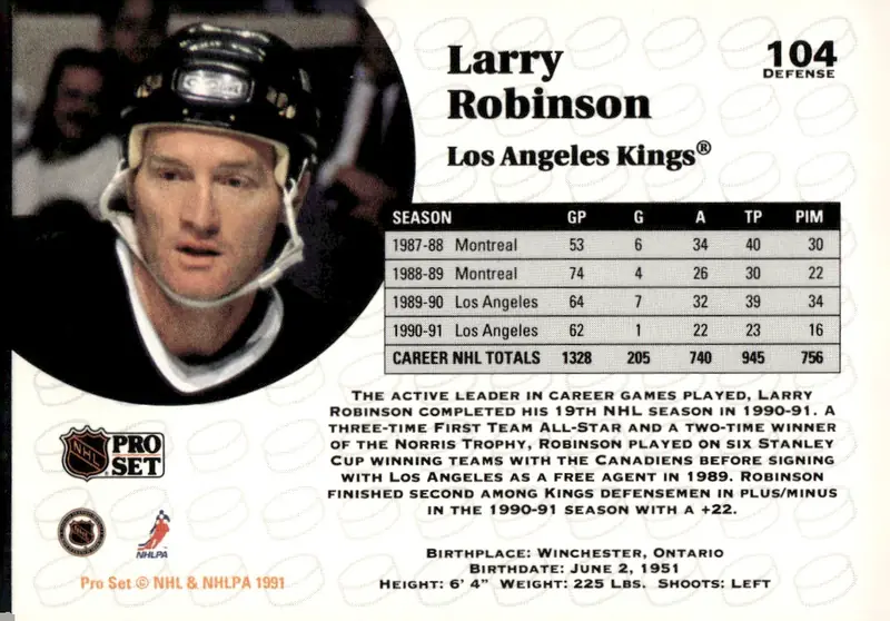 1991-92 Pro Set #104 Larry Robinson (back)