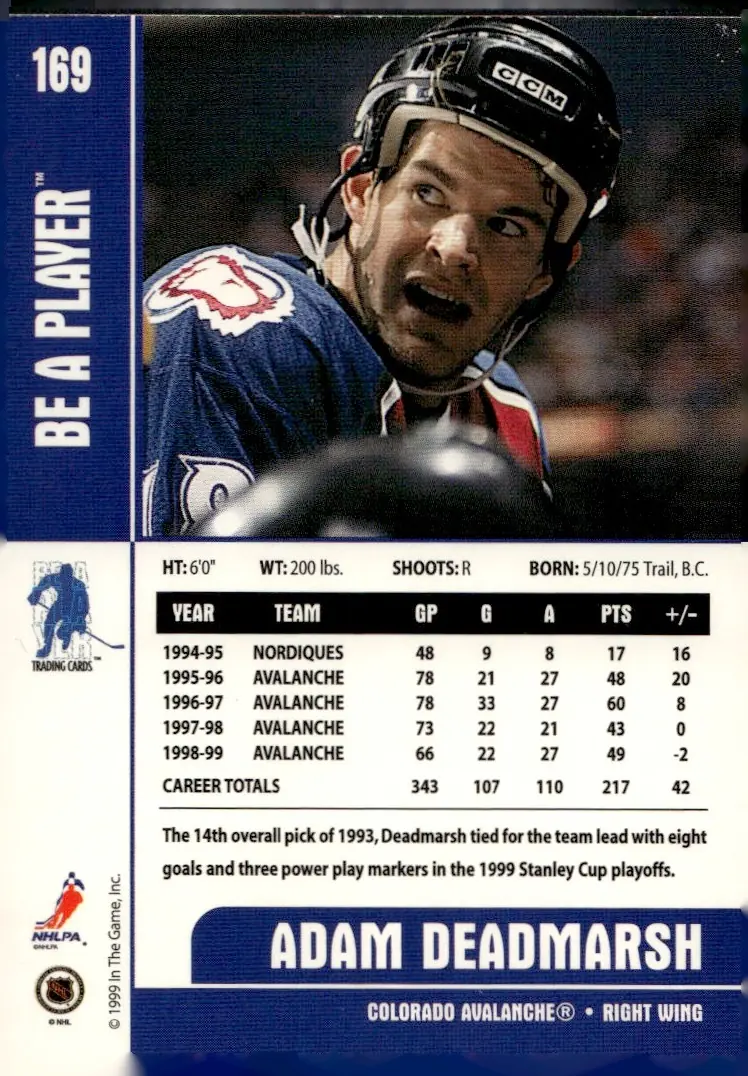 1999-00 Be A Player Memorabilia #169 Adam Deadmarsh (back)