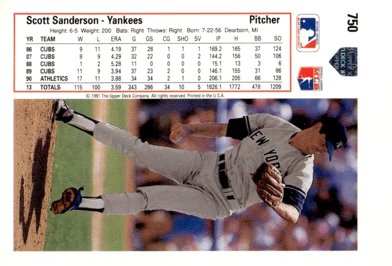 1991 Upper Deck #750 Scott Sanderson (back)