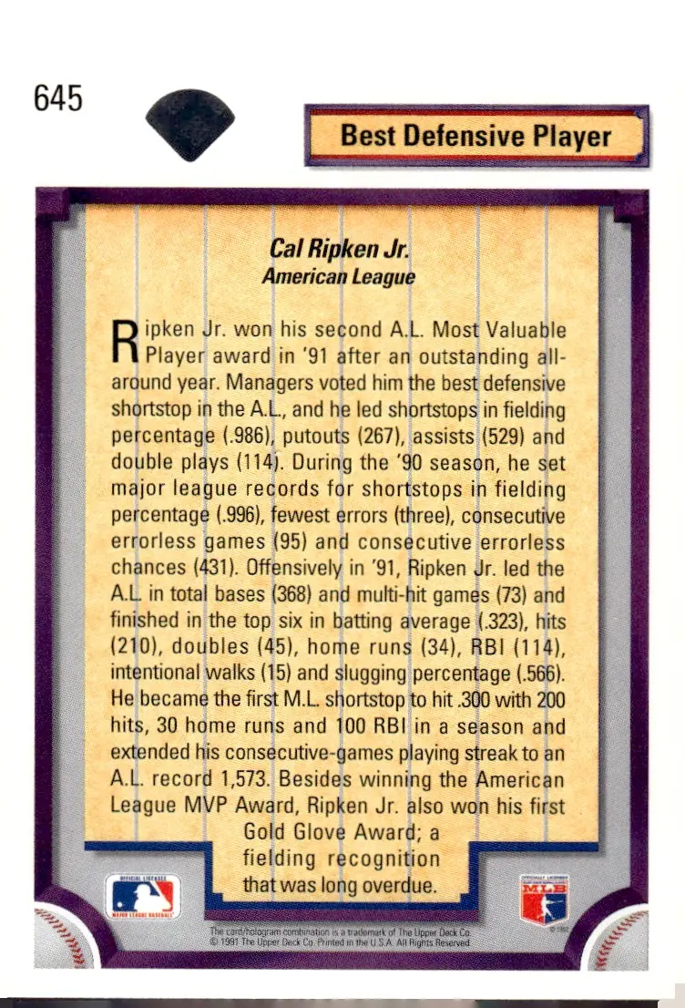 1992 Upper Deck #645 Cal Ripken Jr. (back)