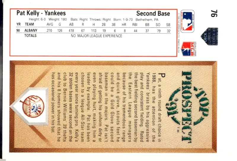 1991 Upper Deck #76 Pat Kelly (back)