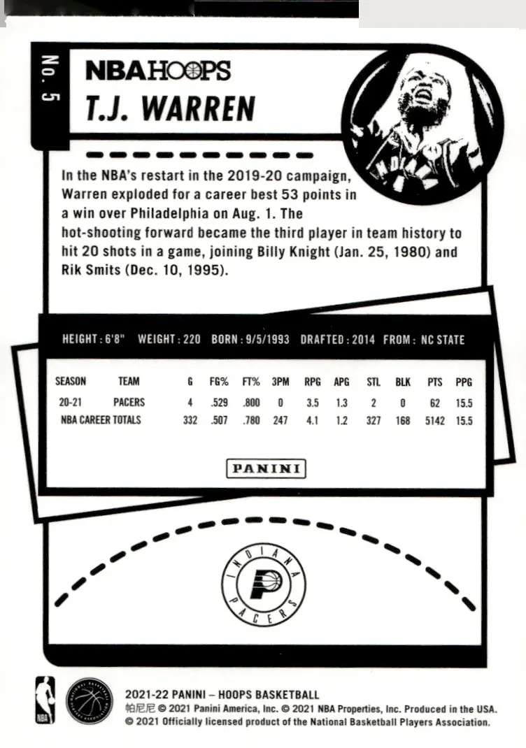 2021-22 NBA Hoops #5 T.J. Warren (back)