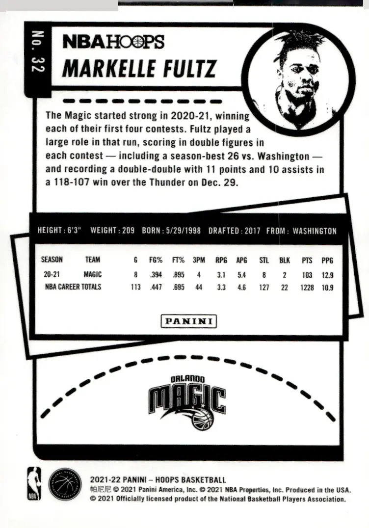 2021-22 NBA Hoops #32 Markelle Fultz (back)