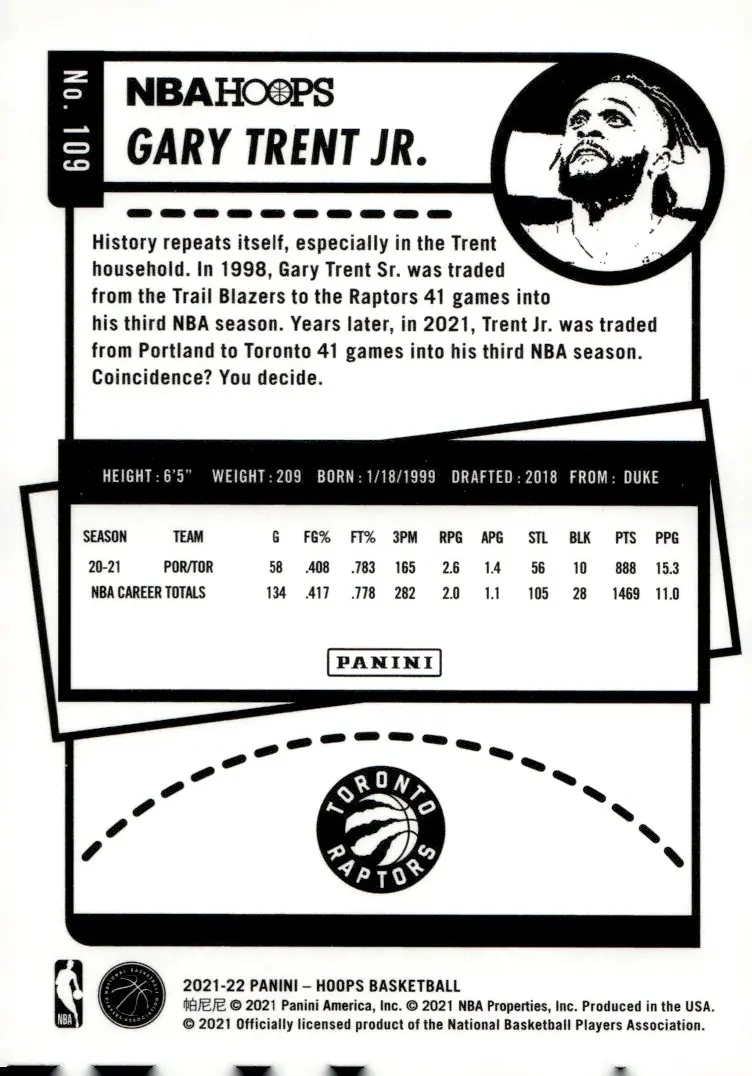 2021-22 NBA Hoops #109 Gary Trent Jr. (back)