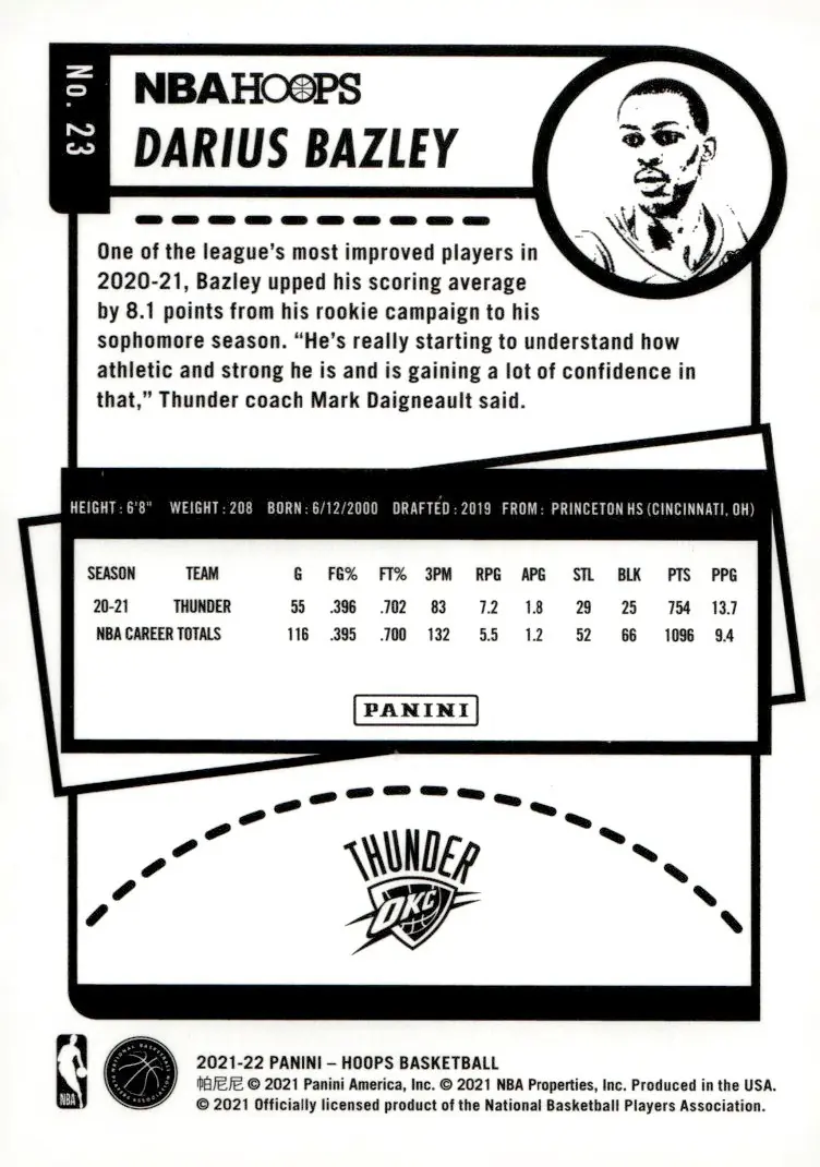 2021-22 NBA Hoops #23 Darius Bazley (back)
