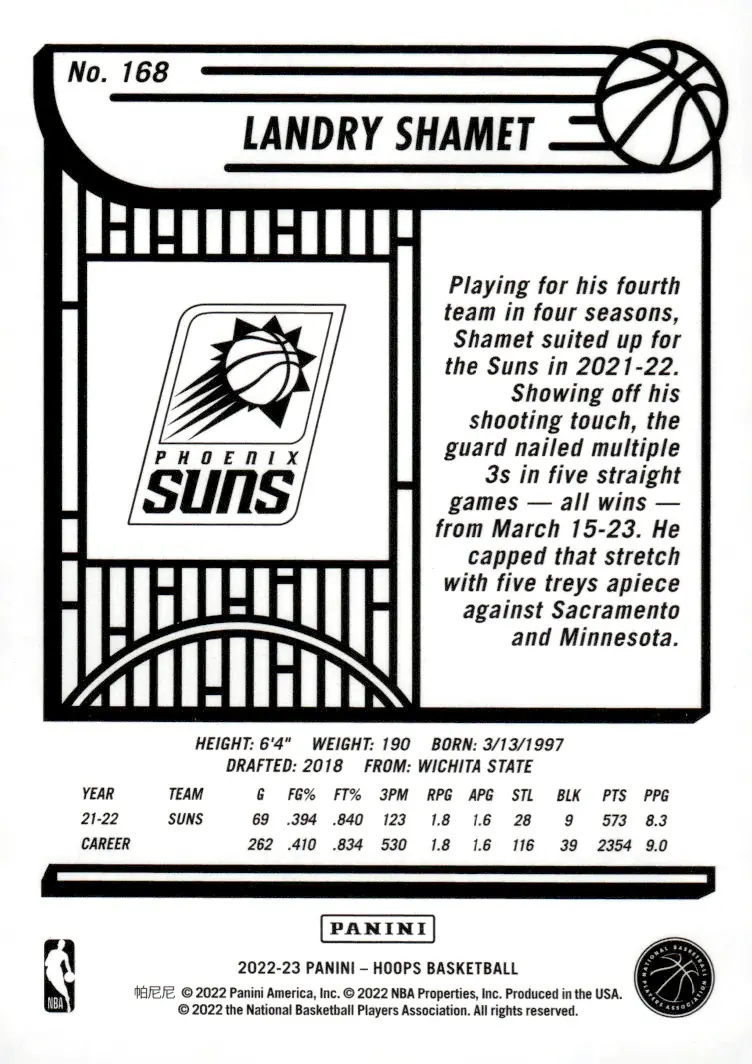 2022-23 NBA Hoops #168 Landry Shamet (back)