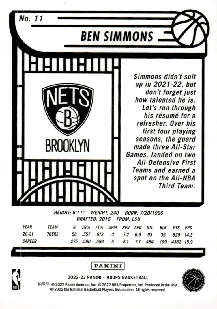 2022-23 NBA Hoops #11 Ben Simmons (back)