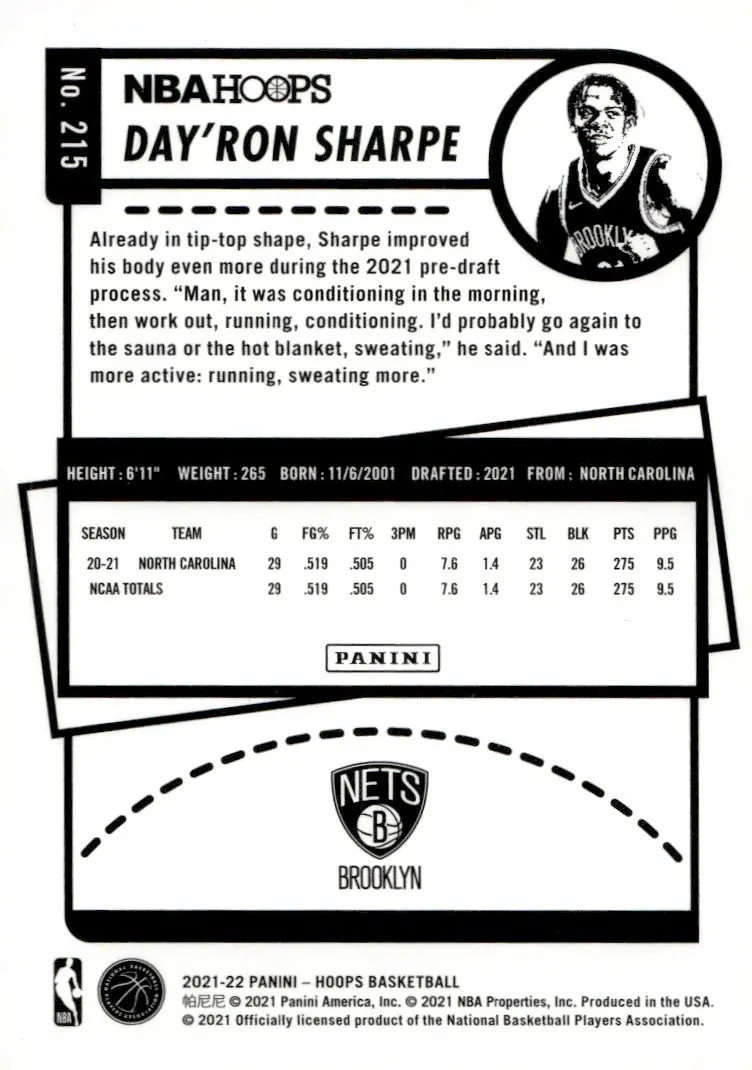 2021-22 NBA Hoops #215 Day'Ron Sharpe (back)