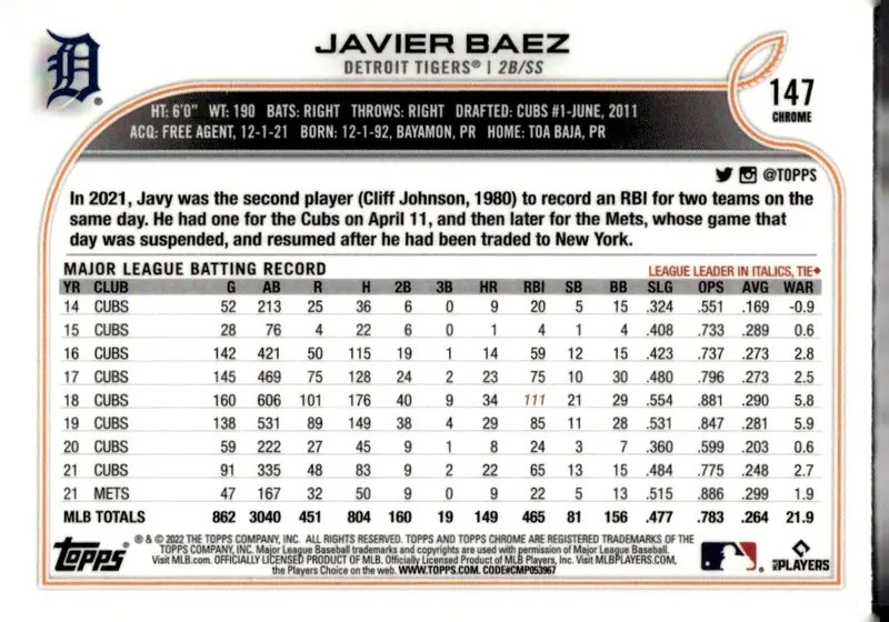 2022 Topps Chrome #147 Javier Báez (back)