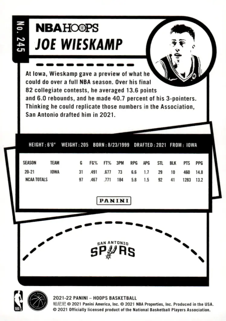 2021-22 NBA Hoops #245 Joe Wieskamp (back)