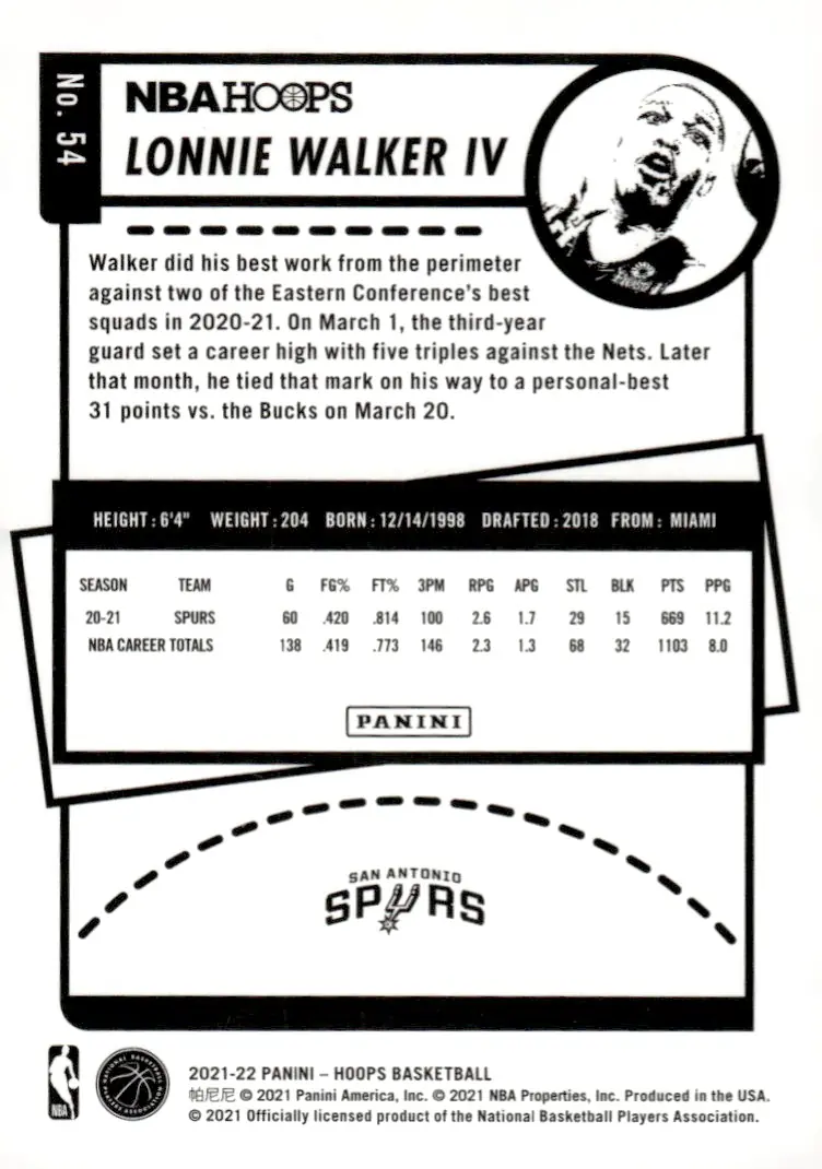2021-22 NBA Hoops #54 Lonnie Walker IV (back)