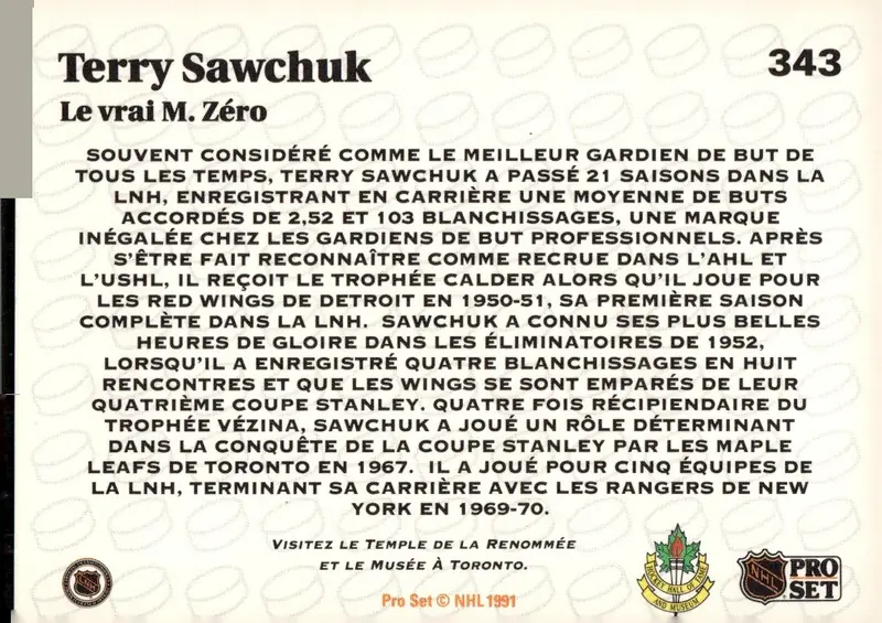 1991-92 Pro Set (French edition) #343 Terry Sawchuk – French-language version (back)