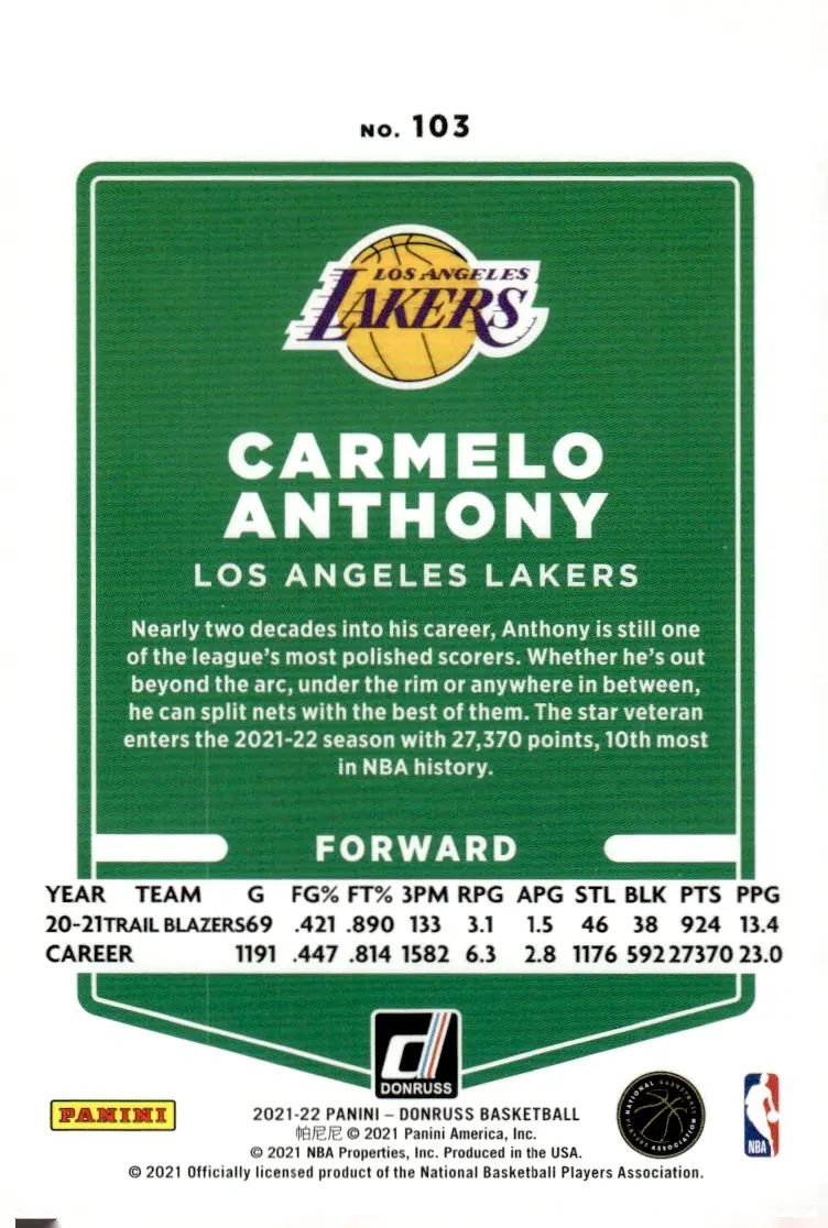 2021-22 Donruss Basketball #103 Carmelo Anthony (back)