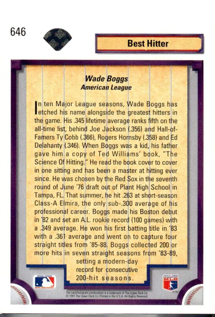 1992 Upper Deck #646 Wade Boggs (back)
