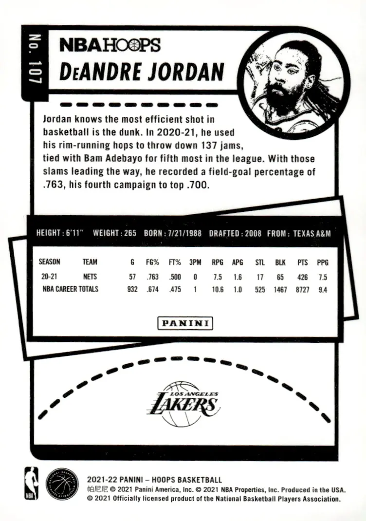2021-22 NBA Hoops #107 DeAndre Jordan (back)