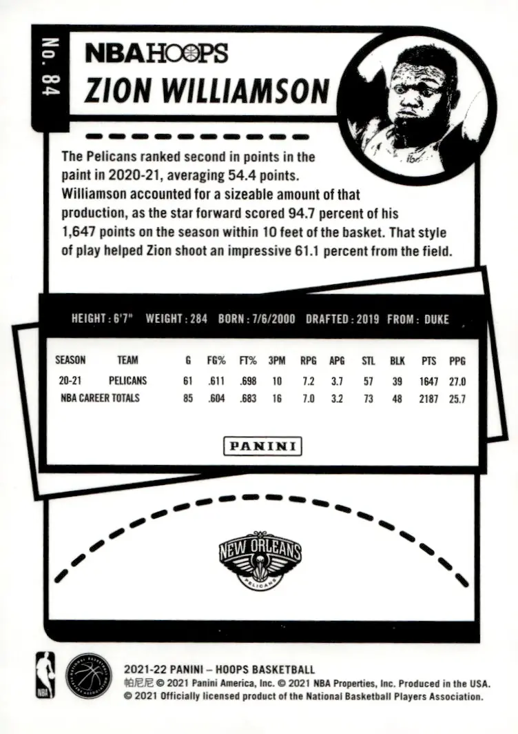 2021-22 NBA Hoops #84 Zion Williamson (back)