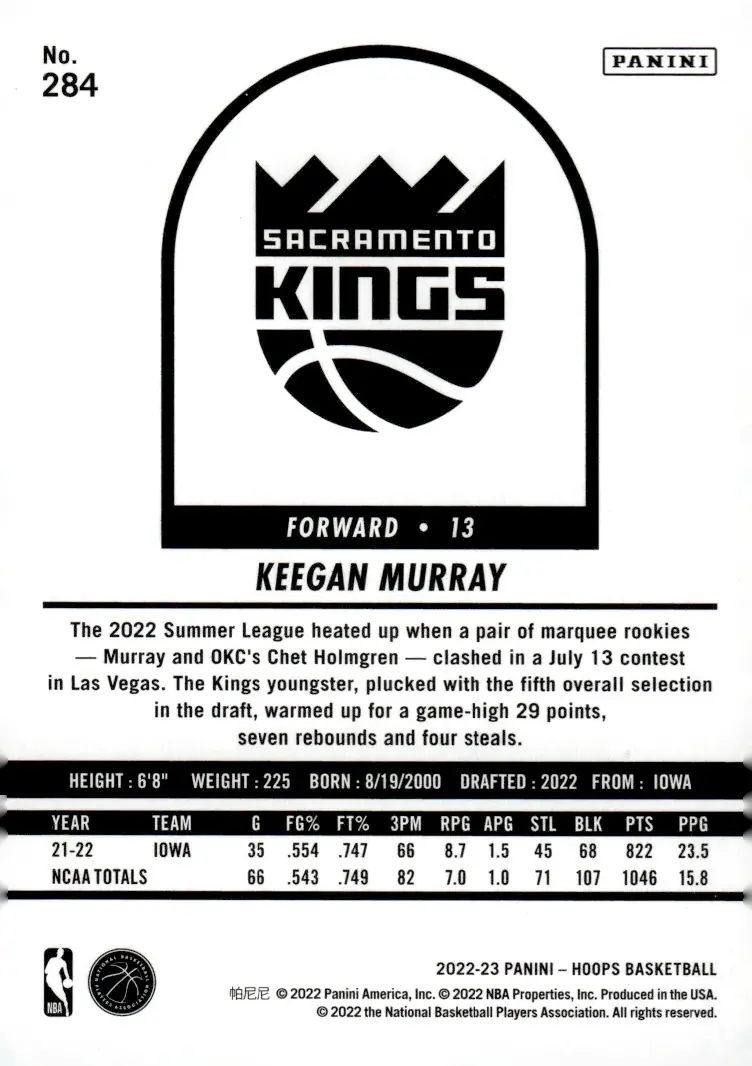 2022-23 NBA Hoops #284 Keegan Murray (back)