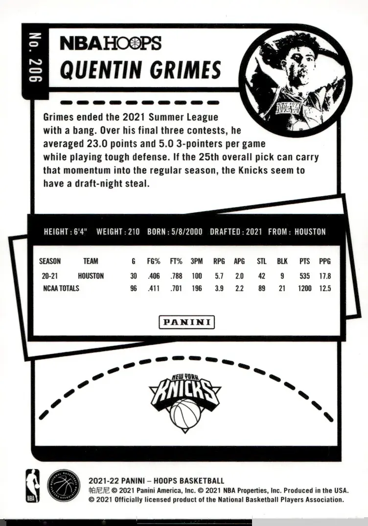 2021-22 NBA Hoops #206 Quentin Grimes (back)