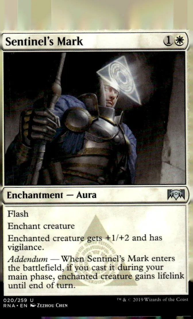 2019 Ravnica Allegiance (RNA) #020/259 Sentinel's Mark (Enchantment — Aura); art by Zezhou Chen (front)