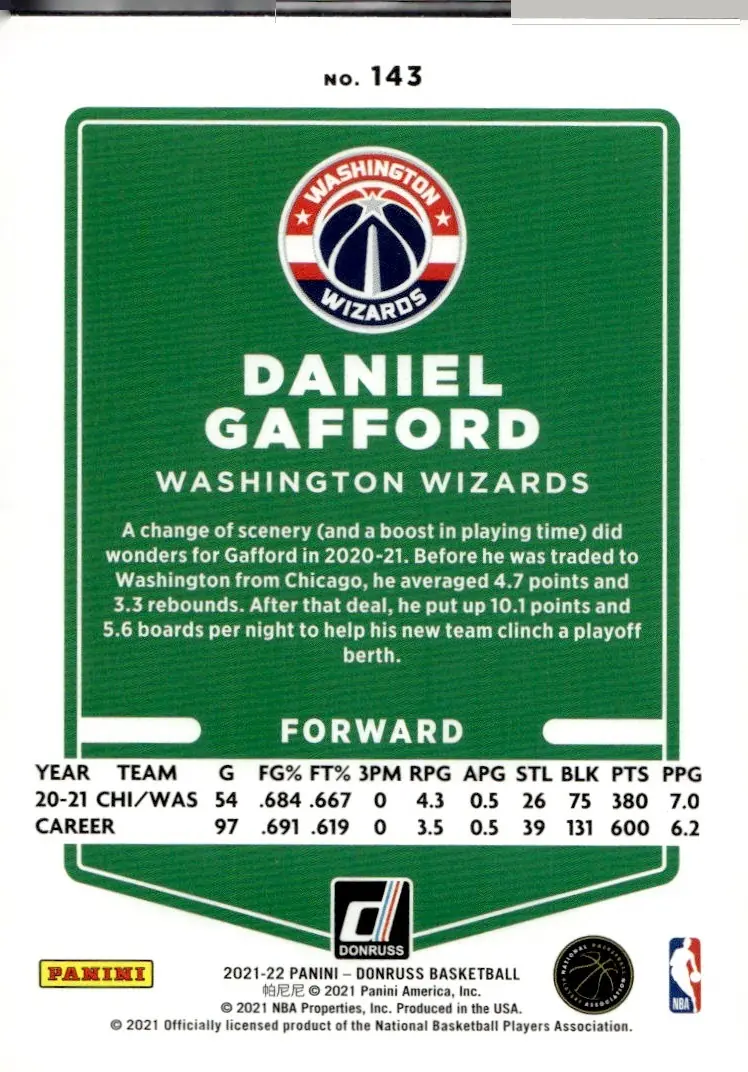 2021-22 Donruss Basketball #143 Daniel Gafford (back)