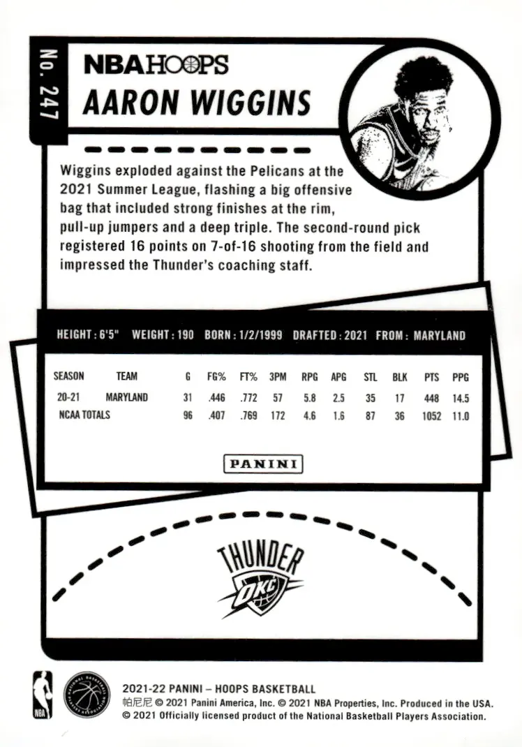 2021-22 NBA Hoops #247 Aaron Wiggins (back)