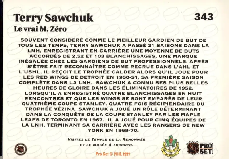 1991-92 Pro Set (French/bilingual Canadian edition) #343 Terry Sawchuk – French-language edition (back)