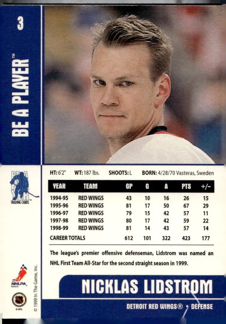 1999-00 Be A Player Memorabilia #3 Nicklas Lidstrom (back)