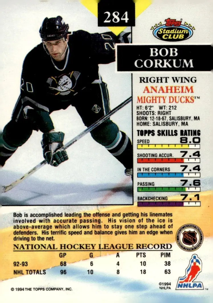 1993-94 Stadium Club #284 Bob Corkum (back)