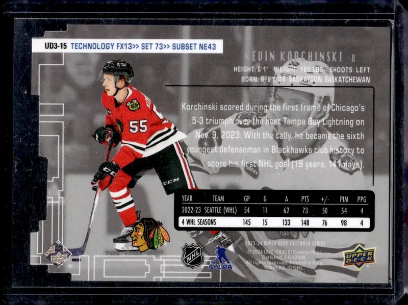 2023-24 Upper Deck Extended Series #UD3-15 Kevin Korchinski (back)