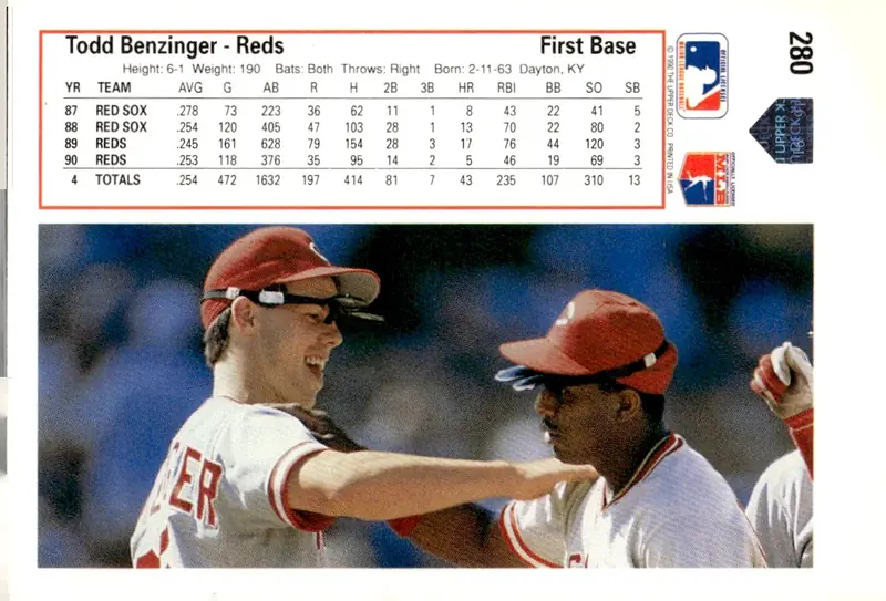 1991 Upper Deck #280 Todd Benzinger (back)