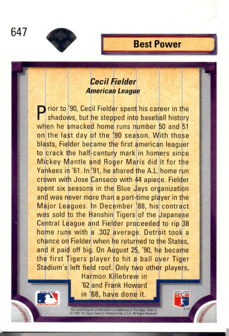 1992 Upper Deck #647 Cecil Fielder (back)