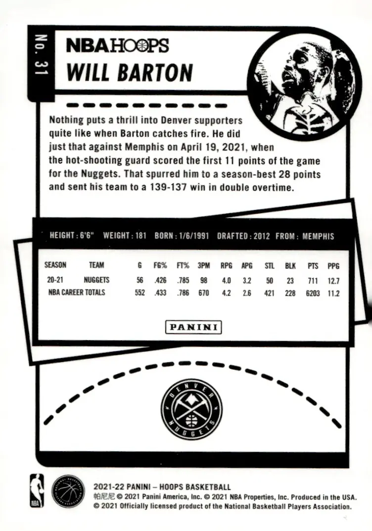 2021-22 NBA Hoops #31 Will Barton (back)
