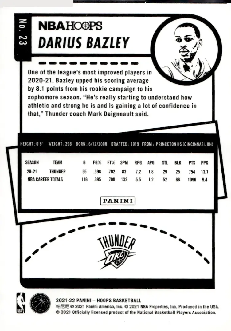 2021-22 NBA Hoops #23 Darius Bazley (back)
