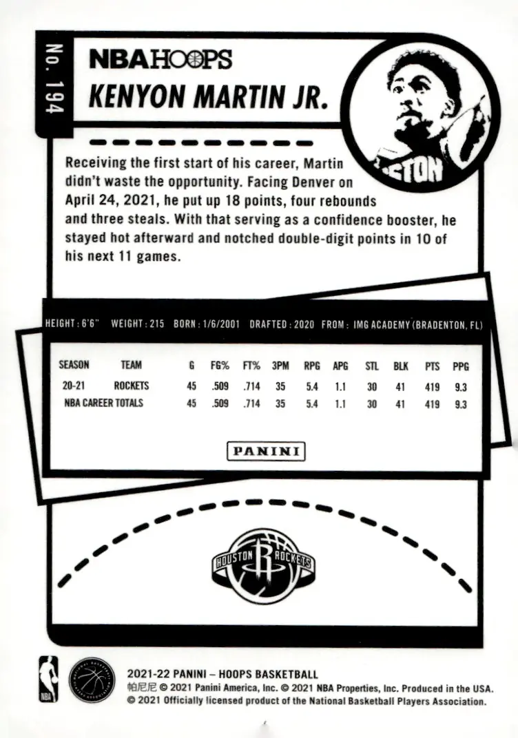 2021-22 NBA Hoops #194 Kenyon Martin Jr. (back)