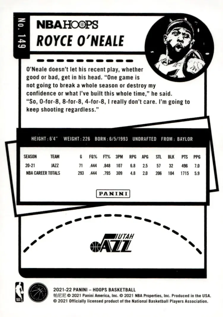 2021-22 NBA Hoops #149 Royce O'Neale (back)