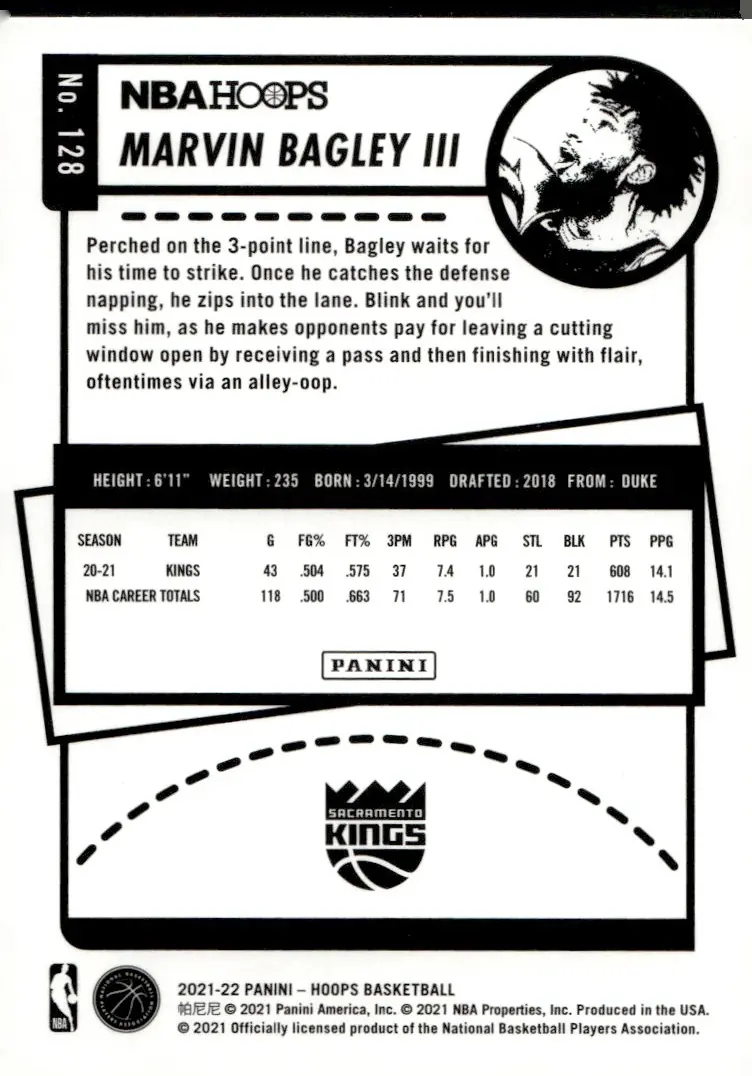 2021-22 NBA Hoops #128 Marvin Bagley III (back)