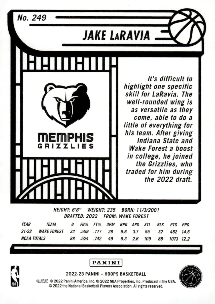 2022-23 NBA Hoops #249 Jake LaRavia (back)