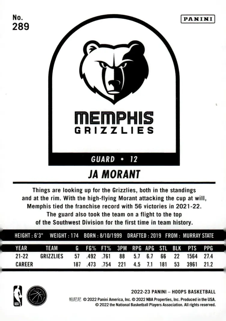 2022-23 NBA Hoops #289 Ja Morant (back)