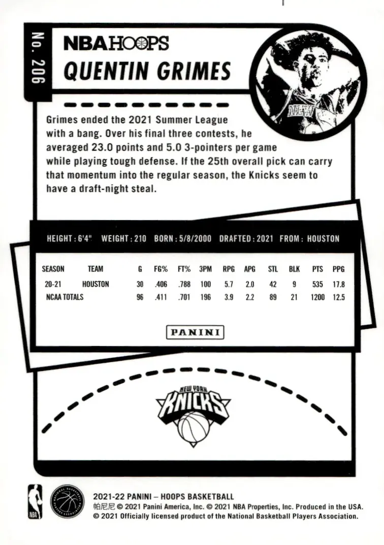 2021-22 NBA Hoops #206 Quentin Grimes (back)