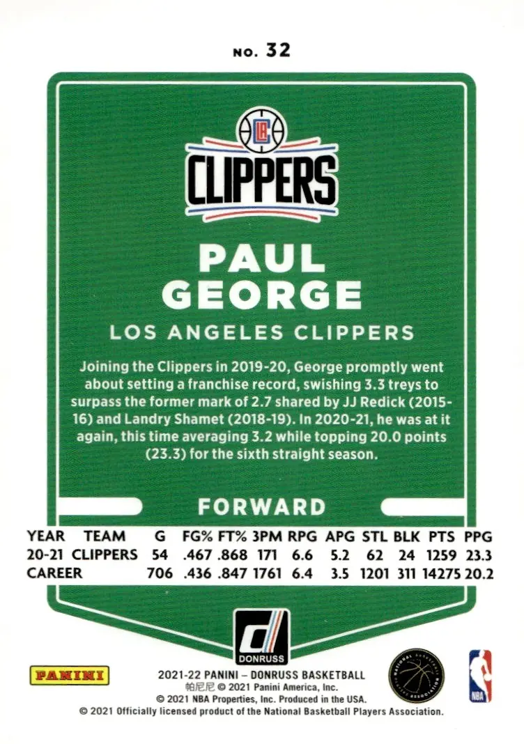 2021-22 Donruss #32 Paul George (back)
