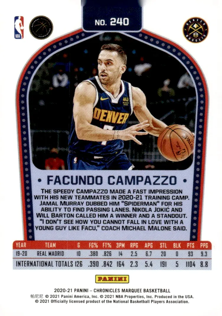 2020-21 Chronicles Basketball #240 Facundo Campazzo (back)