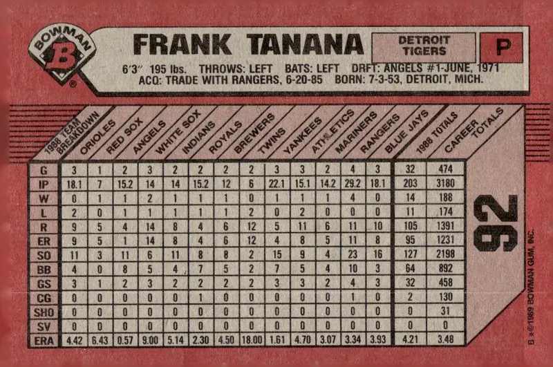 1989 Bowman #92 Frank Tanana (back)