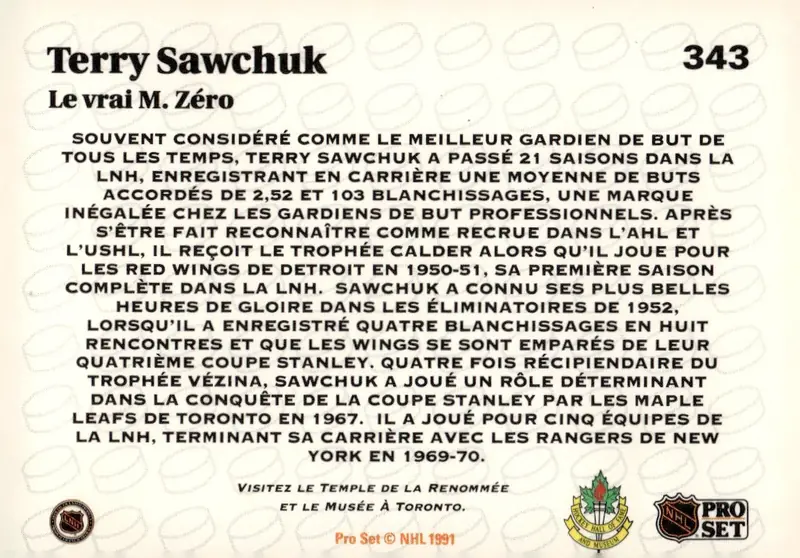 1991-92 Pro Set (French edition) #343 Terry Sawchuk – French (back)