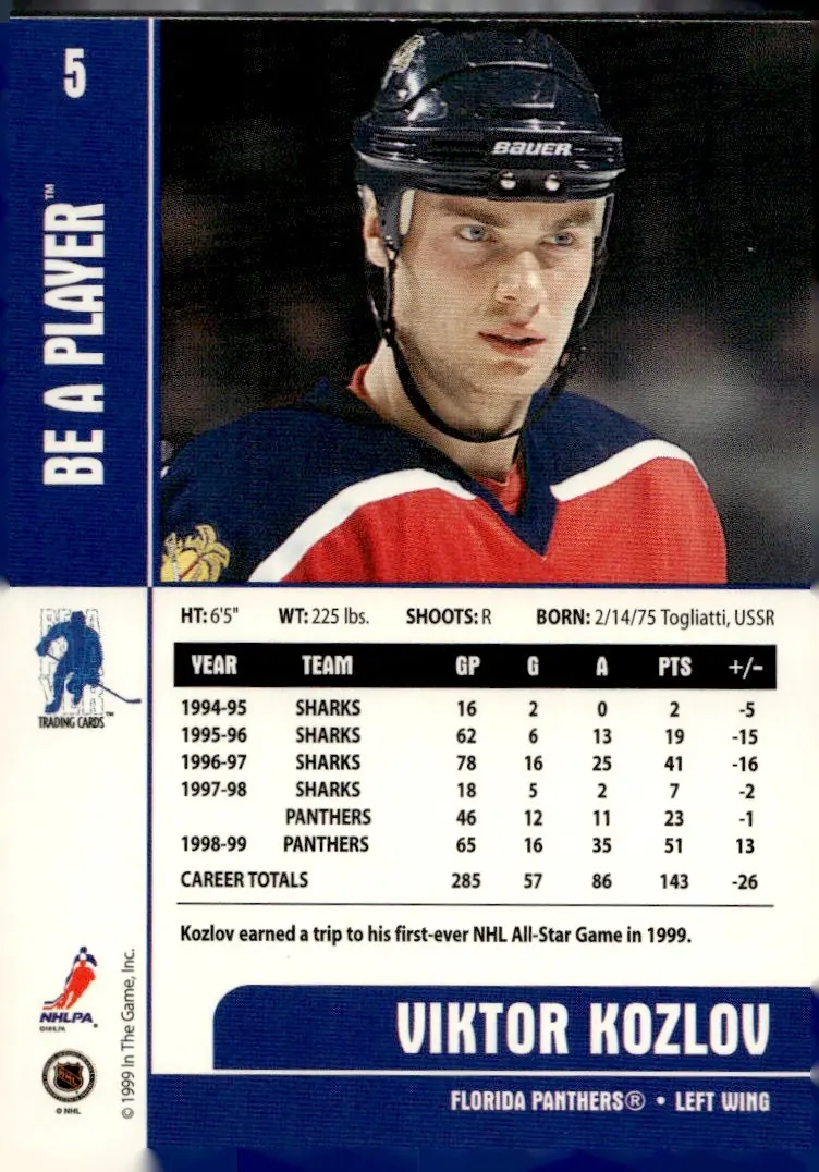 1999-00 Be A Player Memorabilia #5 Viktor Kozlov – Silver (back)