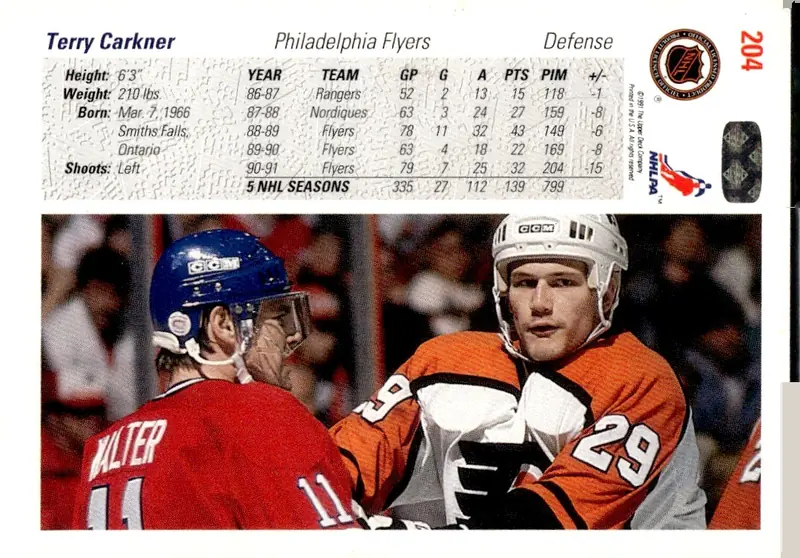 1991-92 Upper Deck #204 Terry Carkner (back)